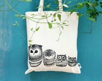Jute bag owls, fabric bag, fair trade, cotton, screen printing, black on nature, long handles, gift