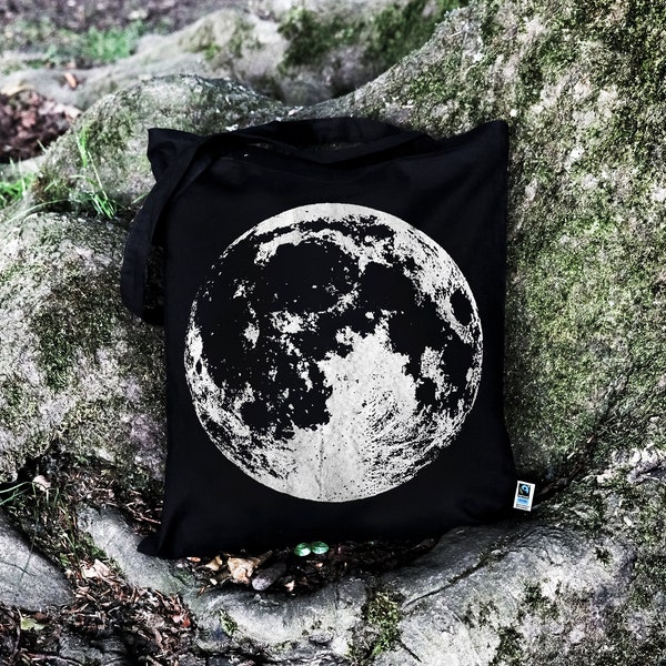 Jute bag moon, bag, full moon, screen printing, black, fair trade cotton, long handles, gothic, gift, festival