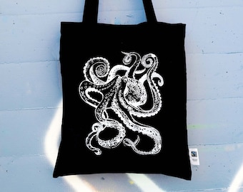 Jutebeutel Octopus, Oktopus, Krake, Beutel, Tasche, Siebdruck, Fair Trade, Baumwolle, Weiß auf Schwarz, lange Henkel, Geschenk, Meer