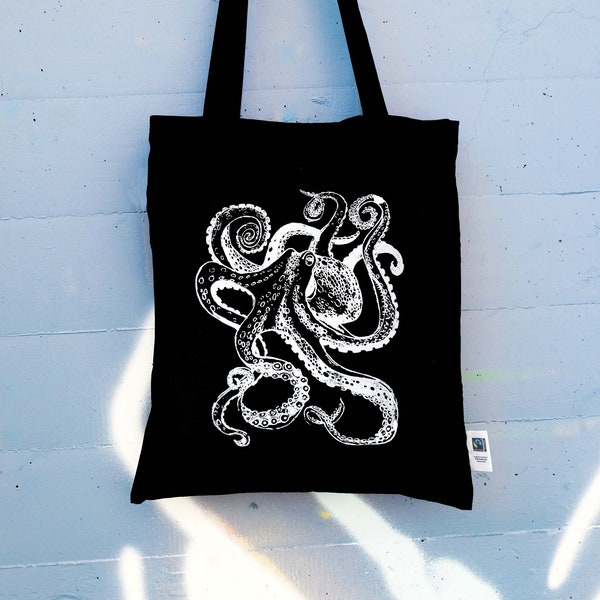 Jutebeutel Octopus, Oktopus, Krake, Beutel, Tasche, Siebdruck, Fair Trade, Baumwolle, Weiß auf Schwarz, lange Henkel, Geschenk, Meer