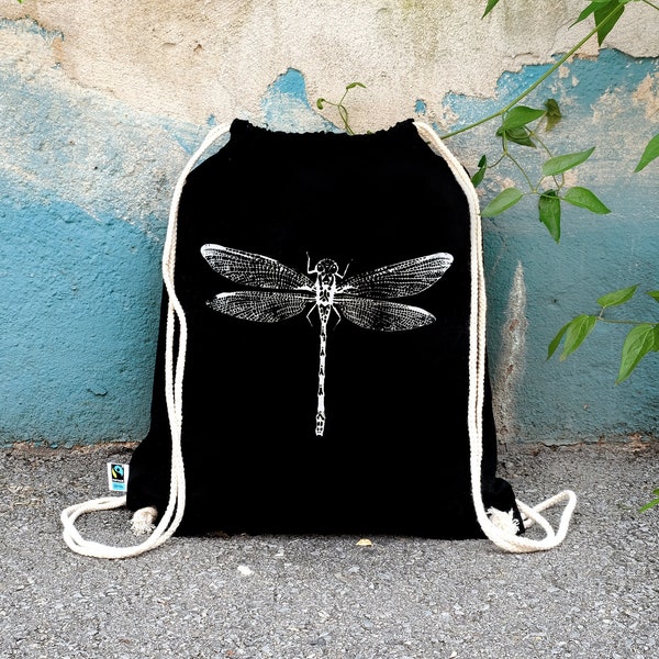 Turnbeutel Dragonfly, Libelle, Rucksack, Siebdruck, Fairtrade, Baumwolle, Schwarz, Insekt, Geschenk