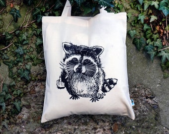 Jute bag F***you raccoon, hand-made, fair trade, cotton, screen-printed, black on nature, long handles, plastic-free, gift