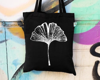 Jutebeutel Ginkgoblatt, Ginko, Siebdruck, Fairtrade, Baumwolle, Stofftasche, Weiß auf Schwarz, lange Henkel, Pflanze, Geschenk, plastikfrei