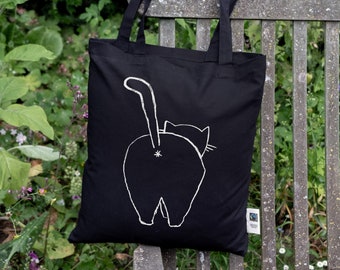 Jutebeutel Katze zeigt Po, Tasche, Siebdruck, Fairtrade, Baumwolle, Schwarz, lange Henkel, Geschenk