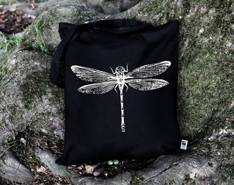 Jutebeutel Dragonfly, Libelle, Stoffbeutel, Fairtrade Baumwolle, Siebdruck, Schwarz, lange Henkel, Insekt, Geschenk