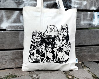 Jutebeutel Katzen, Stofftasche mit Motiv, Siebdruck handgemacht, Schwarz auf Natur, Fairtrade, Baumwolle, lange Henkel, Geschenk