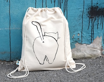 Turnbeutel Katze zeigt Po, Rucksack, Stoffbeutel, Gymbag, Siebdruck, Fairtrade, Baumwolle, Natur, Katzenillustration, Geschenk