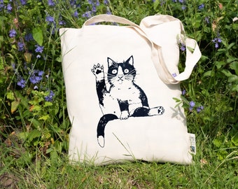 Jutebeutel Katzenwäsche, Katze, Tasche mit Motiv, Siebdruck handgemacht, Schwarz auf Natur, Fairtrade, Baumwolle, lange Henkel, Geschenk