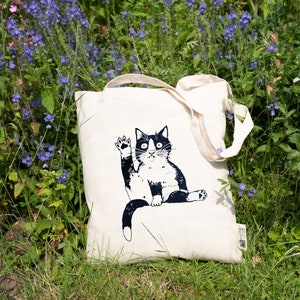 Jutebeutel Katzenwäsche, Katze, Tasche mit Motiv, Siebdruck handgemacht, Schwarz auf Natur, Fairtrade, Baumwolle, lange Henkel, Geschenk Bild 1