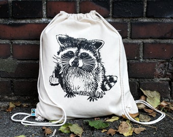 Turnbeutel F*** you Waschbär, Racoon, Rucksack, Stoffbeutel, Sporttasche, Gymbag, Fairtrade, Baumwolle, Siebdruck, Natur, Geschenk