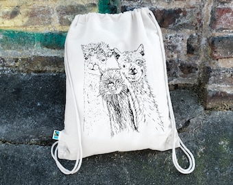 gym bag alpacas, backpack, cloth bag, alpaca, llama, camel, screen printing, Fairtrade cotton, natural, gymbag, gift