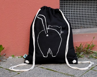 Turnbeutel Katze zeigt Po, Katzenbeutel, Rucksack, Schwarz, Fairtrade, Baumwolle, Siebdruck, Jutebeutel, Geschenk