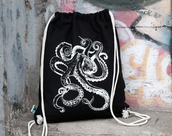 gym bag octopus, octopus, octopus, octopus, cloth bag, Fairtrade, cotton, screen printing, black, sea, gift, hipster