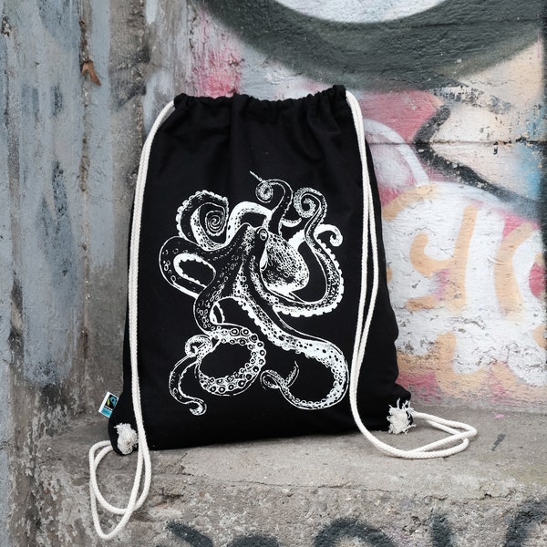 Turnbeutel Octopus, Oktopus, Krake, Tintenfisch, Stoffbeutel, Fairtrade, Baumwolle, Siebdruck, Schwarz, Meer, Geschenk, Hipster