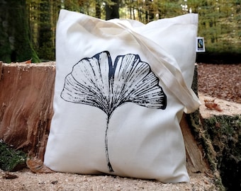 Jutebeutel Ginkgoblatt, Blatt, Ginko, Tasche, Siebdruck, Fairtrade, Baumwolle, Natur, lange Henkel, Geschenk