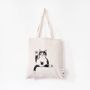 Jutebeutel Katzenwäsche, Katze, Tasche mit Motiv, Siebdruck handgemacht, Schwarz auf Natur, Fairtrade, Baumwolle, lange Henkel, Geschenk Bild 2