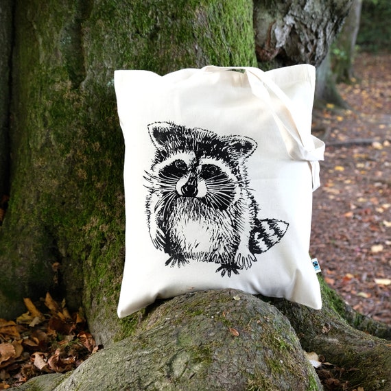 Jutebeutel Waschbär – lustige Stofftasche mit Tiermotiv, handbedruckt, Siebdruck, Bio-Baumwolle Natur, Geschenk für Waschbär-Fans