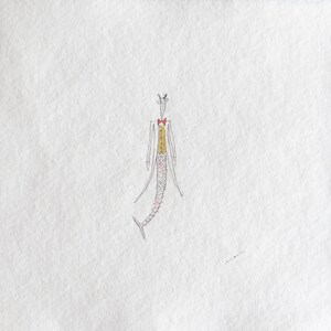May include: A quirky illustration of a creature with a fish tail, dressed in a tuxedo with a red bow tie. The creature has a slender body, a gold waistcoat, and a long white coat. The drawing is on a white background.