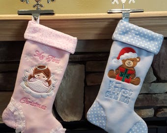 Baby My First Christmas Stocking; Baby Boy; Baby Girl; Blue Stocking; Pink Stocking; Personalized Stocking