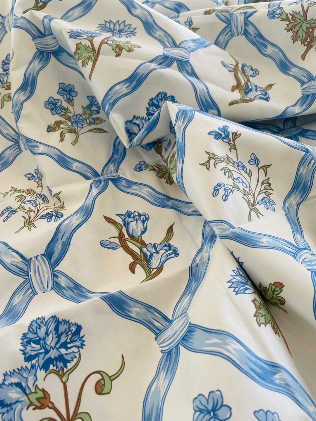 Nina Campbell Blue Floral Trellis Fabric Vintage Fabric by the Meter