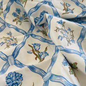 Nina Campbell Blue Floral Trellis Fabric | Vintage Fabric by the Meter | Discounted Designer Fabric Remnants | Fabric Offcuts | Bolt Ends