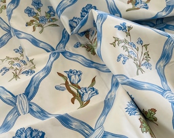 Nina Campbell Blue Floral Trellis Fabric | Vintage Fabric by the Meter | Discounted Designer Fabric Remnants | Fabric Offcuts | Bolt Ends