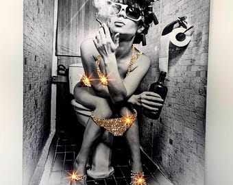 Girl on Toilet Swarovski crystal canvas wall art, Girl drinking on toilet art, glam toilet art, glam bathroom art, bougie bathroom art, w.c