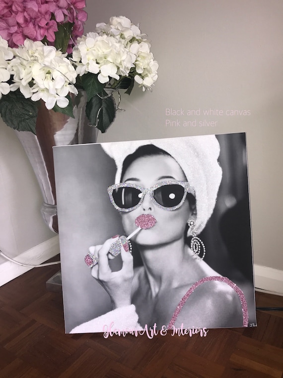 Audrey Hepburn Pink Glitter Canvas Picture Silver Crystals Shabby Chic frame.