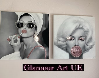 Set of 2 GLAMOUR ART , Marilyn Monroe bubblegum, Audrey Hepburn style glam wall art, lady with towel and lipstick, glitter wall canvas art,