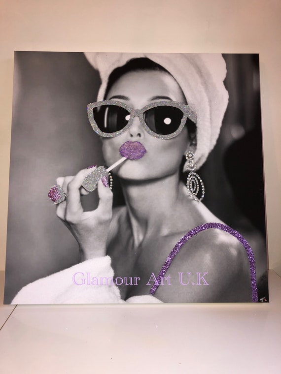 Audrey Hepburn Pink Lips Glitter Canvas Picture Shabby Chic frame Wall Art.