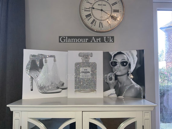 Glamorous glitter wall canvas, white and silver art, art for bathroom, art  for salon,audrey hepburn style wall canvas, glitzy art, bling art
