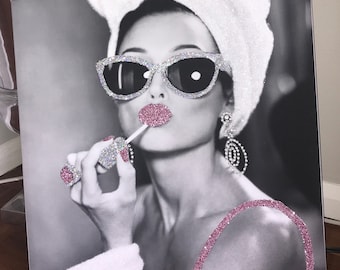 Audrey Hepburn  style Girls Night In  Glitter canvas  sparkly canvas lady towel lipstick  glamour wall art salon decor Glamour Art Uk