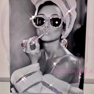 Glamorous glitter wall canvas, white and silver art, art for bathroom, art for salon,audrey hepburn style wall canvas, glitzy art, bling art