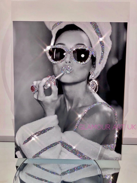 Glamorous glitter wall canvas, white and silver art, art for bathroom, art  for salon,audrey hepburn style wall canvas, glitzy art, bling art