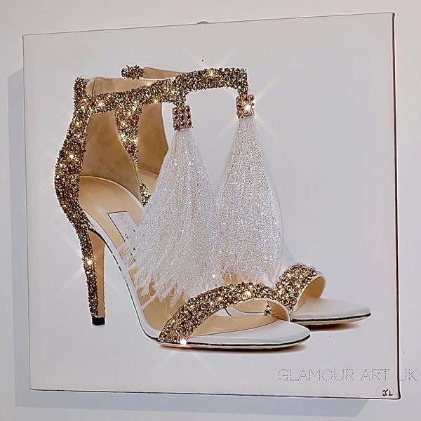 Gold Glitter shoe  canvas, Gold wall art, Gold wall decor, gold glam wall art, sparkle print, glitter shoe art, bling art, glamour interiors