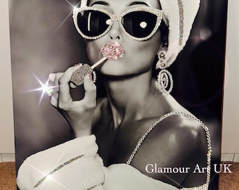 Audrey Hepburn style glitter crystals wall art, lady putting on lipstick, Glam glitz wall canvas, glam art for bathroom, lady lipstick art