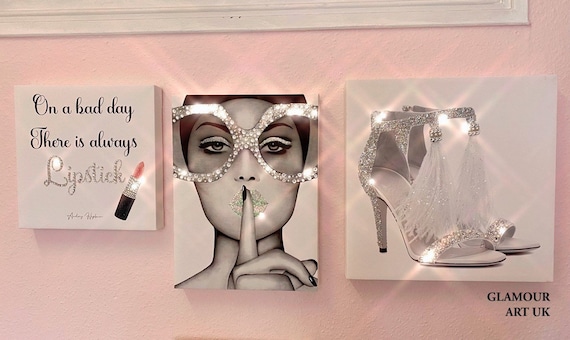 Sparkly Fashion Wall Art Set of Three Glam Wall Art Silver Wall Art Glitter Wall Art Etsy