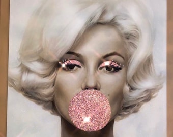 Marilyn Monroe Bubblegum, arte de pared glamoroso, arte de pared brillante, lienzo de pared glamoroso, chicle, arte brillante, imagen brillante,