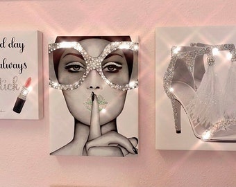 Sparkly fashion wall art, set of three, glam wall art, silver wall art, glitter wall art,