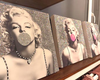 Marilyn Monroe Glitter Glam Wall Canvas, Rhinestone Bubblegum Art