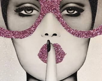 Glitter wall canvas, girl in large glasses, glam room wall decor, glitter art,