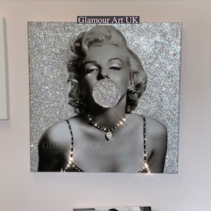 Marilyn Monroe art, glitter wall art, Glam wall canvas, silver wall art, Marilyn bubblegum,  Sparkly wall art, Marilyn Monroe sparkly art