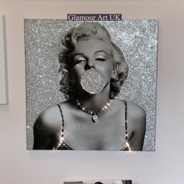 Marilyn Monroe Kunst, Glitzer-Wandkunst, Glam-Wand-Leinwand, silberne Wandkunst, Marilyn Bubblegum, funkelnde Wandkunst, Marilyn Monroe funkelnde Kunst