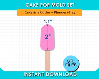 2" Cakesicle Mold, cake pop mold, with Tray, Cutter and Plunger STL File, digital download