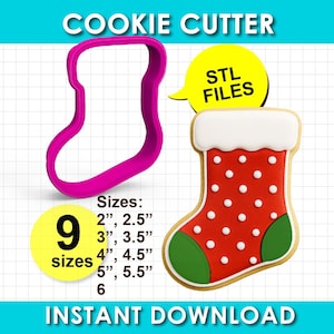 May include: A pink plastic cookie cutter in the shape of a Christmas stocking next to a decorated cookie. The cookie is red with white polka dots, green accents, and a white top. Text reads "COOKIE CUTTER", "STL FILES", and "INSTANT DOWNLOAD".