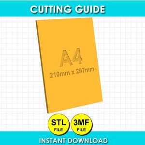 Pode incluir: Um guia de corte A4 retangular amarelo com o texto A4 e 210mm x 297mm impresso na superfície. Abaixo do retângulo, há dois ícones circulares amarelos contendo o texto STL FILE e 3MF FILE. O texto no topo diz CUTTING GUIDE.