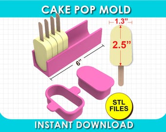 2.5" Cakesicle Mold, cake pop mold, with Tray, Cutter and Plunger STL File, digital download