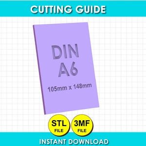 Puede incluir: Una plantilla de corte rectangular de color morado claro etiquetada como DIN A6 con dimensiones de 105mm x 148mm. Debajo del rectángulo hay dos iconos circulares amarillos con el texto STL FILE y 3MF FILE. El texto superior dice CUTTING GUIDE.