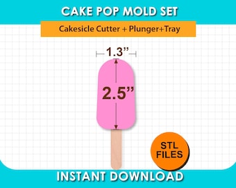 Full Set 2.5" Cakesicle Mold, cake pop mold, with Tray, Cutter and Plunger STL File, digital download