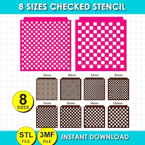 Könnte beinhalten: Eine digitale Grafik mit der Aufschrift 8 SIZES CHECKED STENCIL zeigt zwei große pinkfarbene quadratische Schablonen mit Gittermustern. Darunter befinden sich acht kleinere braune quadratische Schablonen mit den Beschriftungen 3mm, 4mm, 5mm, 6mm, 7mm, 8mm, 9mm und 10mm. Enthält STL FILE und 3MF FILE Text.